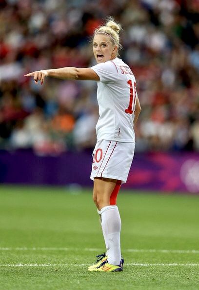 Lauren Sesselmann of Canada shouts instructions during the Women's Football Quarter Final match between Great Britain and Canada, on Day 7 of the London 2012 Ol…